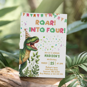 Roar Into Four Pink Dinosaur 4th Birthday Party Invitation