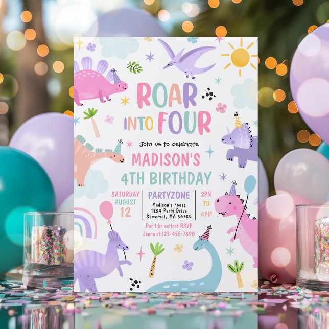 Roar Into Four Pink Dinosaur 4th Birthday Party Invitation (Creator Uploaded)