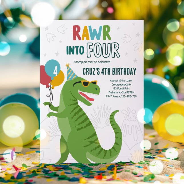 Roar Into Four T-Rex Dinosaur 4th Birthday Party  Invitation (Creator Uploaded)
