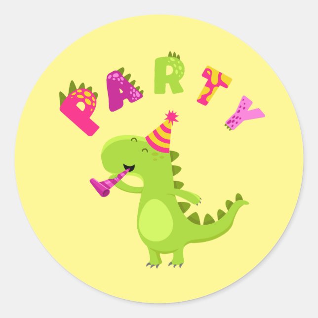 Roar into Fun with a Dino-Mite Party! Classic Round Sticker (Front)