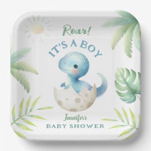 Roar Its a Boy Cute Dino Boy Dinosaur Baby Shower  Paper Plate