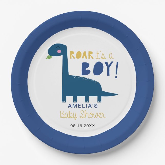 Roar it's a boy Dinosaur Baby Shower Cute Blue Paper Plate (Front)