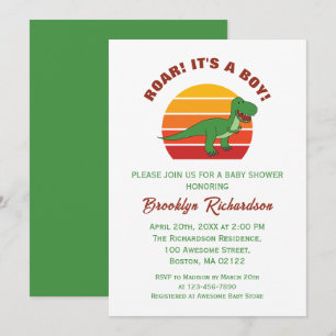 Roar Its A Boy Retro Sunset Dinosaur Baby Shower Invitation