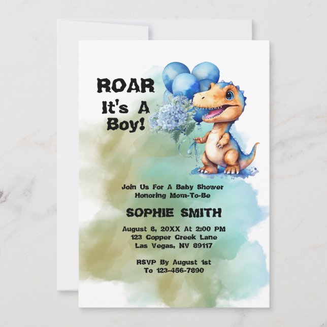 Roar Its A Boy T-Rex Dinosaur Baby Shower Invitation (Front)