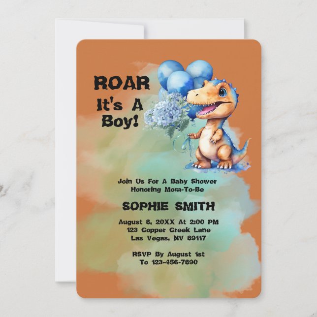 Roar Its A Boy T-Rex Dinosaur Baby Shower Invitation (Front)