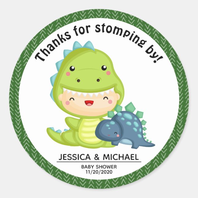 Roar It's A Dinosaur Baby Shower Classic Round Sticker (Front)