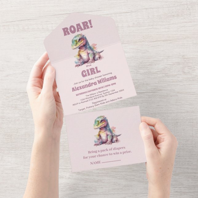 Roar It's A Girl Dinosaur Baby Shower All In One Invitation (Tearaway)