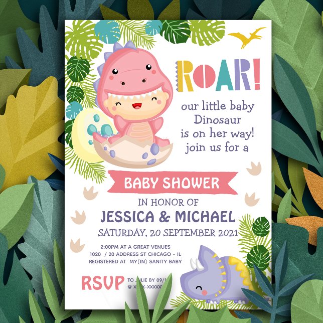 Roar It's A Girl Dinosaur Baby Shower Invitation (Roar is a Dinosaur!)