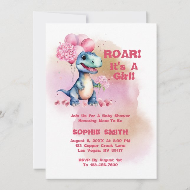 Roar It's A Girl T-Rex Baby Dinosaur Invitation (Front)