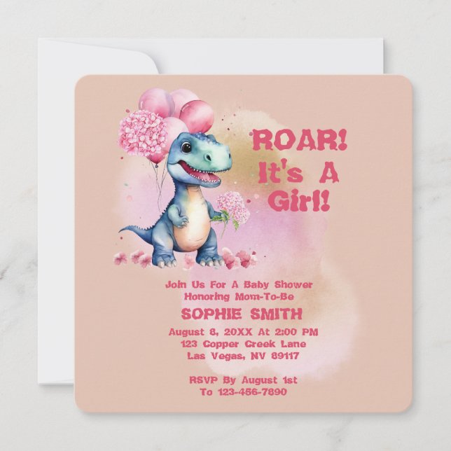 Roar It's A Girl T-Rex Baby Dinosaur Pink Invitation (Front)