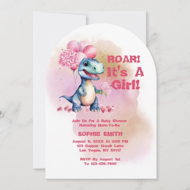 Roar It's A Girl T-Rex Baby Dinosaur Pink Invitation (Front)