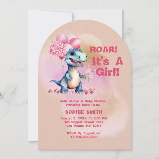 Roar It's A Girl T-Rex Baby Dinosaur Pink Invitation (Front)