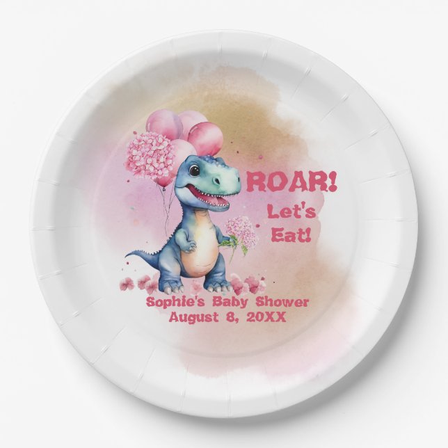 Roar It's A Girl T-Rex Baby Dinosaur Pink Paper Plate (Front)