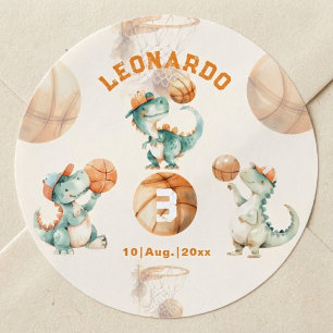 Roar & Score Basketball Dino Boy Birthday Classic Round Sticker