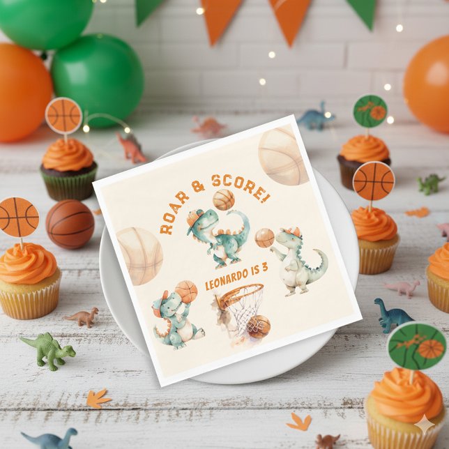 Roar & Score Basketball Dino Boy Birthday Napkin (Creator Uploaded)