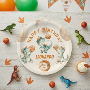 Roar & Score Basketball Dino Boy Birthday Paper Plate