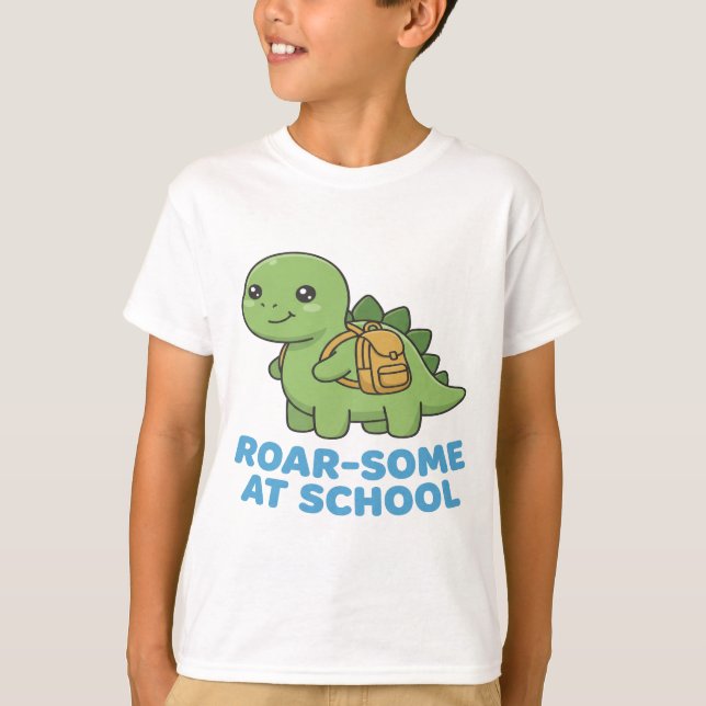 Roar-some at School Cute Dinosaur with Backpack  T-Shirt (Front)
