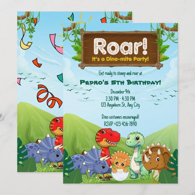 Roar-some Blue & Green Dinosaur Birthday Party Invitation (Front/Back)