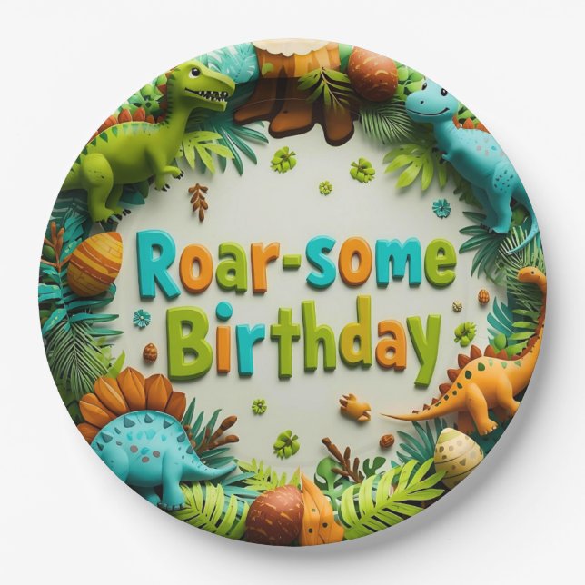 Roar-some Dinosaur Birthday Party Paper Plate (Front)