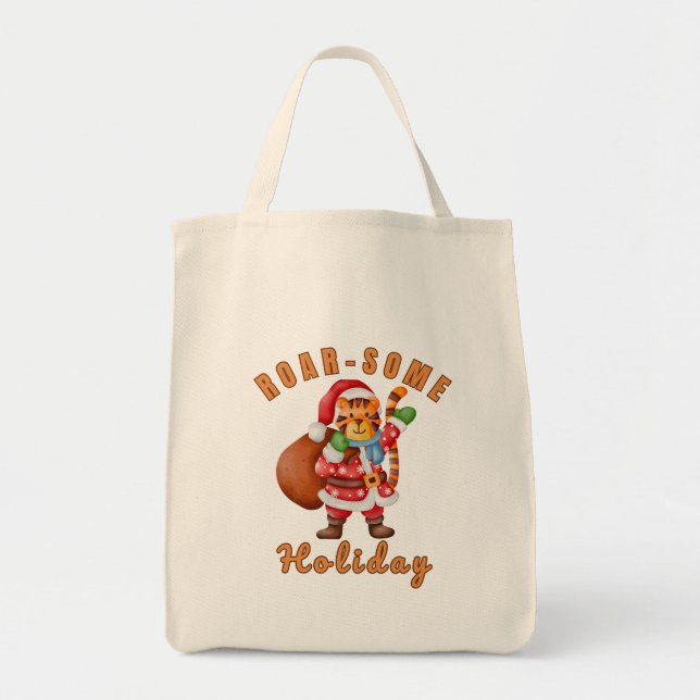 Roar‑some Holiday Tiger Santa – Funny Animal lover Tote Bag (Front)