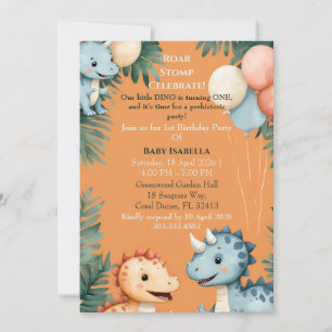 Roar Stomp Orange Little Dino Turning One Birthday Invitation