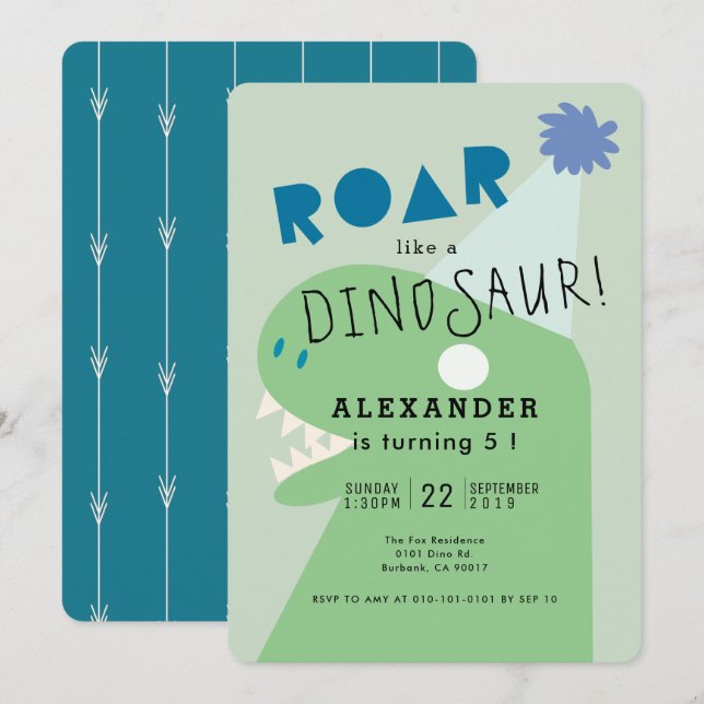 ROAR T-Rex Dinosaur Green Boy's Birthday Invitation (Front/Back)