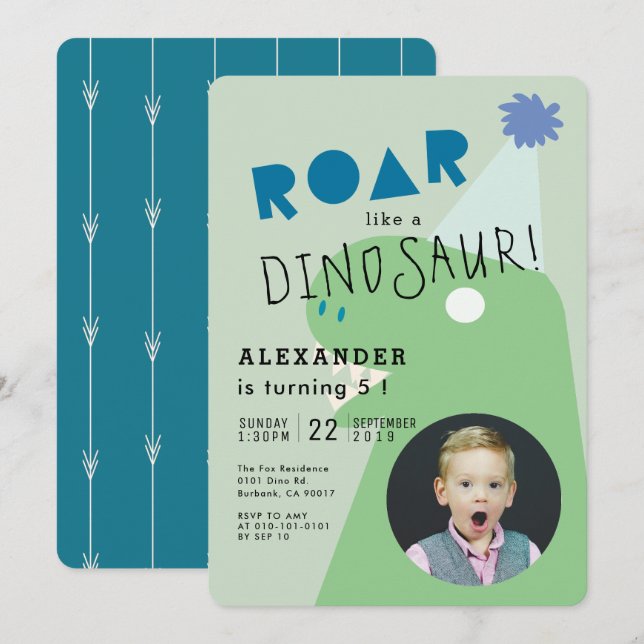 ROAR T-Rex Dinosaur Green Photo Boy's Birthday Invitation (Front/Back)