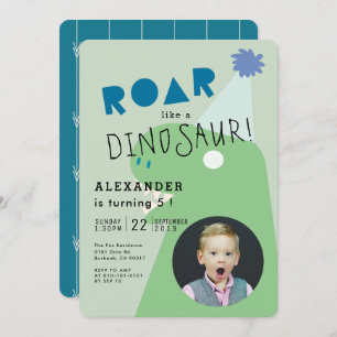 ROAR T-Rex Dinosaur Green Photo Boy's Birthday Invitation