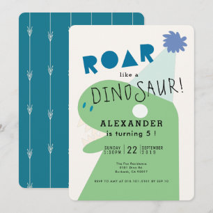 ROAR T-Rex Dinosaur Navy Blue Boy's Birthday Invitation
