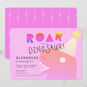 ROAR T-Rex Dinosaur Neon Pink Girl Birthday Invitation