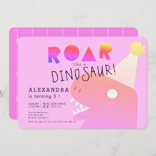 ROAR T-Rex Dinosaur Neon Pink Girl Birthday Invitation
