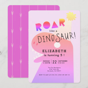 ROAR T-Rex Dinosaur Neon Pink Girl's Birthday Invitation