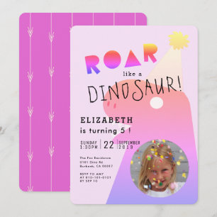 ROAR T-Rex Dinosaur Neon Pink Photo Girl Birthday Invitation