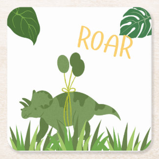 Roar We're 4 - Twins Dinosaur Birthday Party Square Paper Coaster