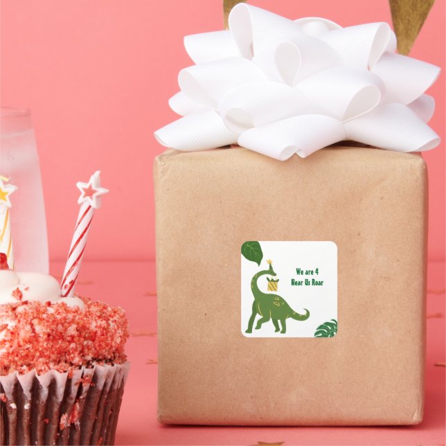 Roar We're 4 - Twins Dinosaur Birthday Party  Square Sticker (Party)