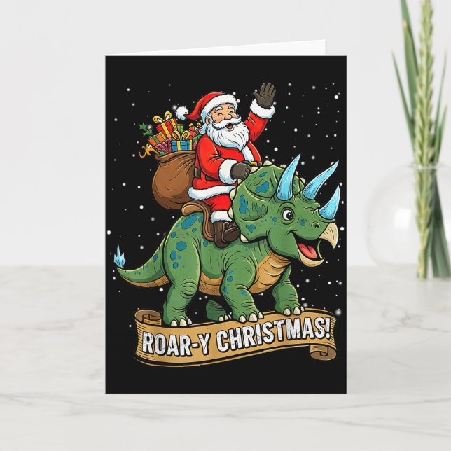 Roar-y Christmas Funny Santa Riding Dinosaur Trice Card (Front)