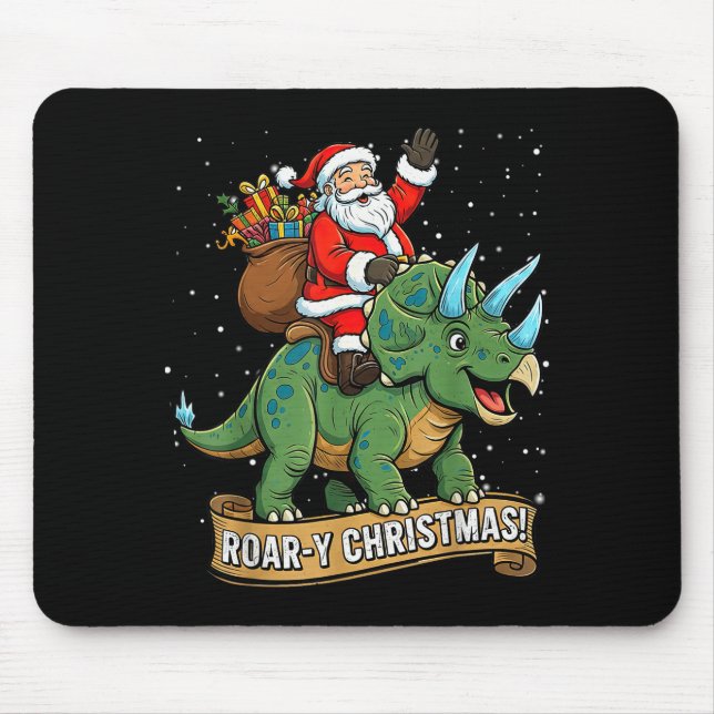 Roar-y Christmas Funny Santa Riding Dinosaur Trice Mouse Mat (Front)