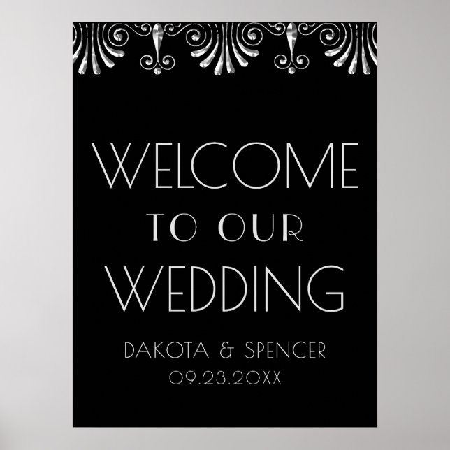 Roarin 20s Silver Black Art Deco Wedding Welcome Poster (Front)