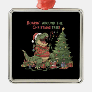 Roarin' Around The Christmas Tree Funny T-Rex Metal Tree Decoration
