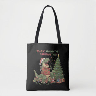  Roarin' Around The Christmas Tree Funny T-Rex  Tote Bag