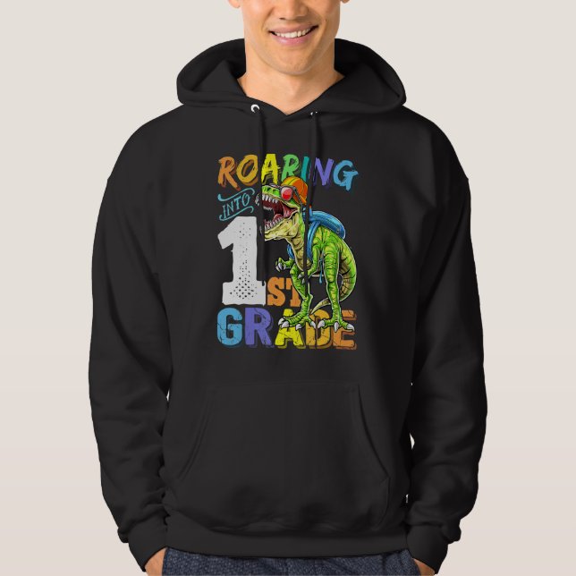 Roaring 1st Grade Dinosaur Back To School Backpack Hoodie (Front)