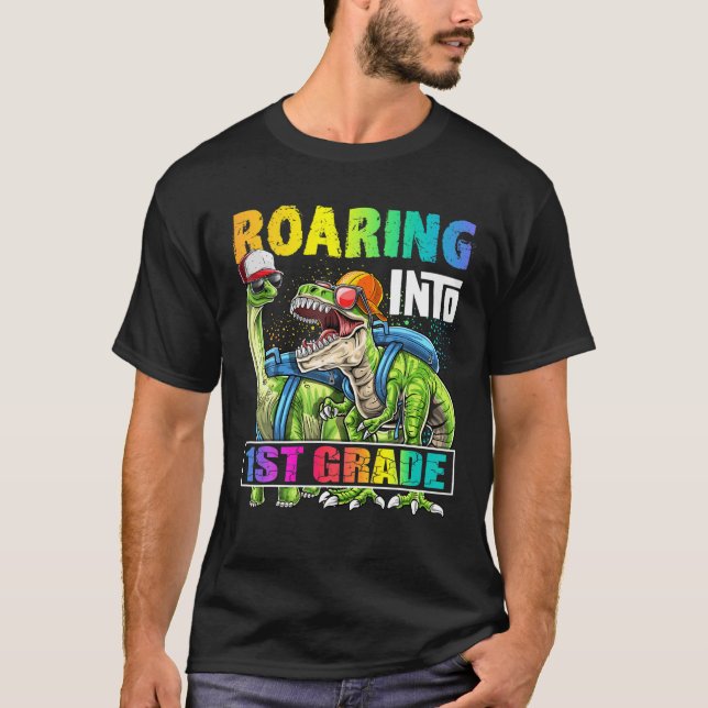 Roaring 1st Grade Dinosaur Backpack Back to School T-Shirt (Front)