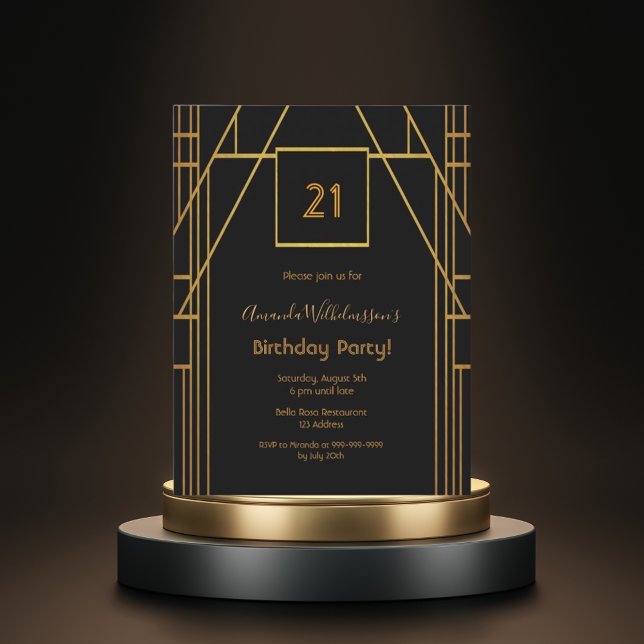 Roaring 20's 21st birthday black gold invitation postcard (Creator Uploaded)