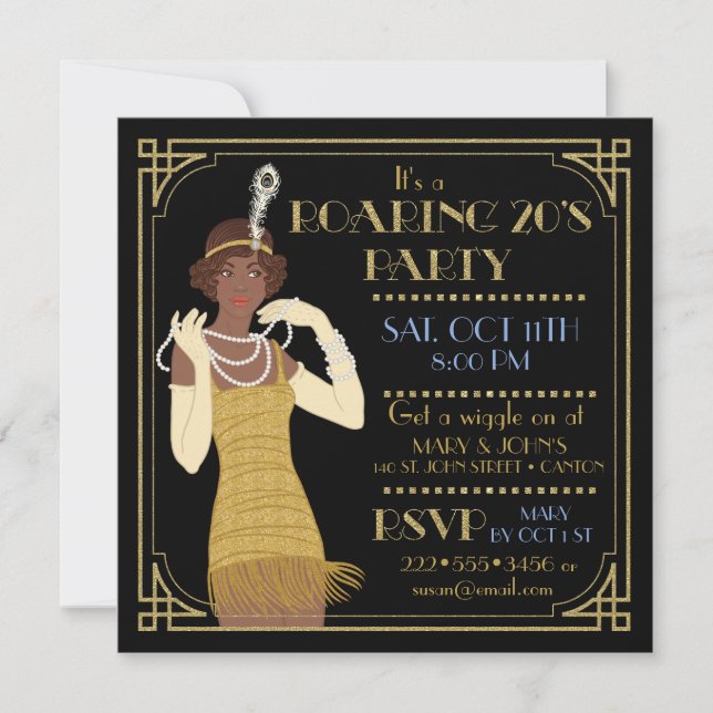 Roaring 20's African American Flapper Gold & Black Invitation (Front)