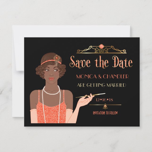 Roaring 20s African American Flapper Save the Date Invitation (Front)