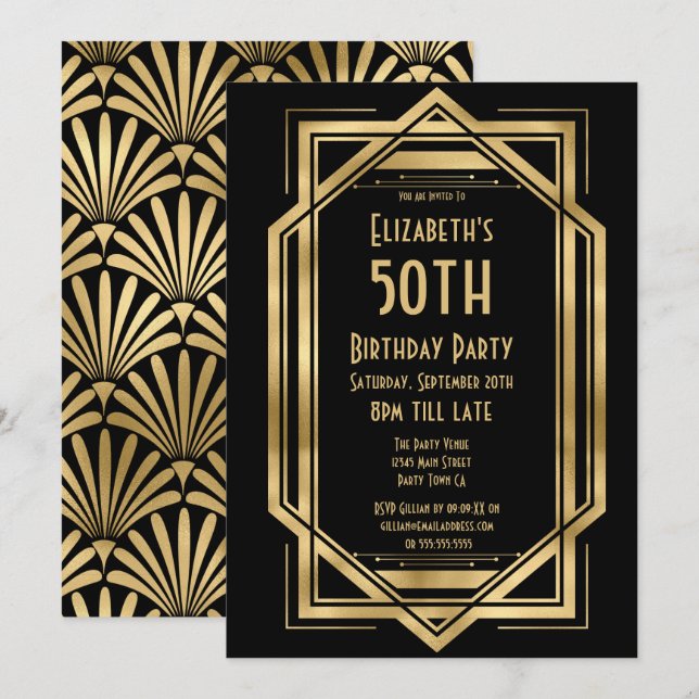 Roaring 20s Art Deco Black | Gold 50th Birthday  I Invitation (Front/Back)