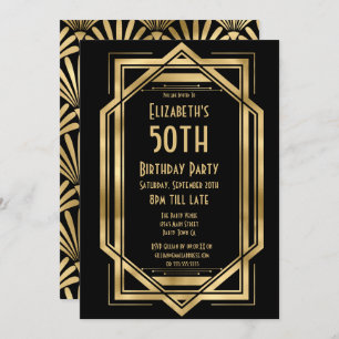 Roaring 20s Art Deco Black   Gold 50th Birthday  I Invitation