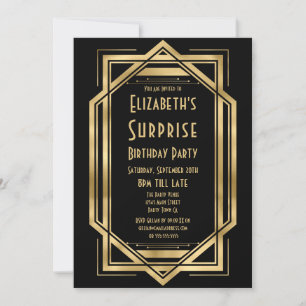 Roaring 20s Art Deco Black Gold Surprise Birthday Invitation