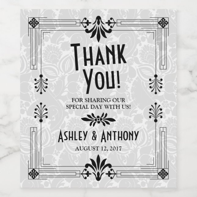 Roaring 20s Art Deco Black White Wedding Wine Label (Single Label)