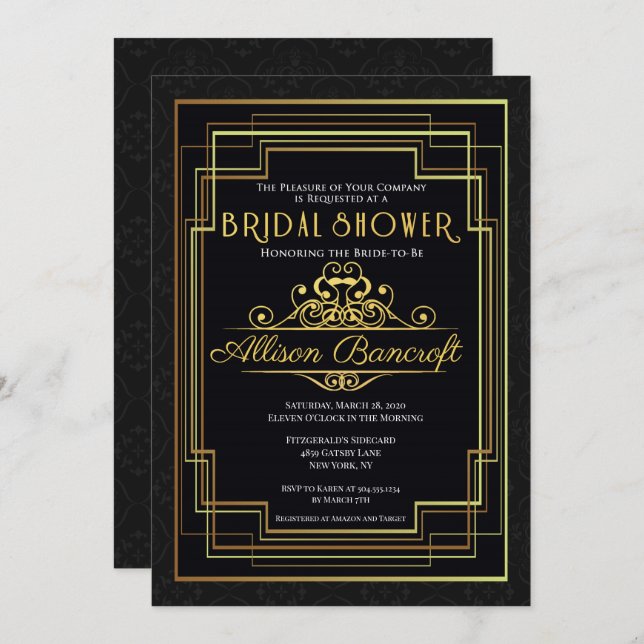 Roaring 20's Art Deco Bridal Shower Invitation (Front/Back)
